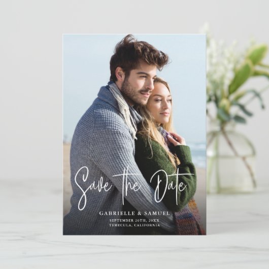 Handgeschriebenes Calligraphy 2-Foto Save the Date (Stehend Vorderseite)