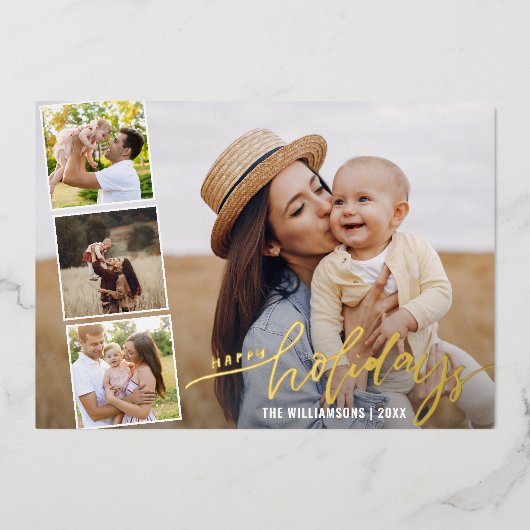 Handgeschriebenes Happy Holidays Foto Collage Gold Folieneinladung (Vorderseite)