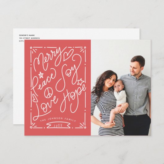 Handgeschriebenes Merry Peace Joy Liebe Hope Red F Postkarte (Vorne/Hinten)