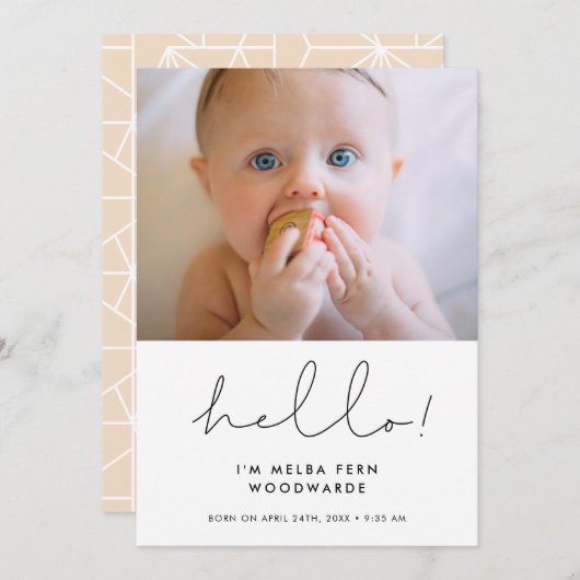 Handgeschriebenes minimalistisches Hello New Baby  Ankündigung (Vorne/Hinten)