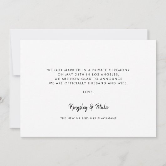 Handgeschriebenes minimalistisches Just heiratete Ankündigung (Rückseite)