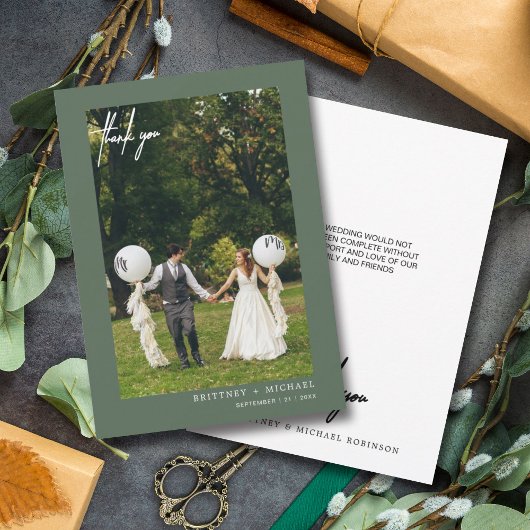 Handgeschriebenes, modernes Foto-Blatt Grün Dankeskarte