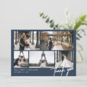 Handgeschriebenes modernes Foto Collage Dusty Navy Dankeskarte (Stehend Vorderseite)