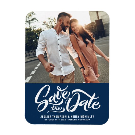 Handgeschriebenes Navy Blue Foto Save the Date Magnet (Vertikal)
