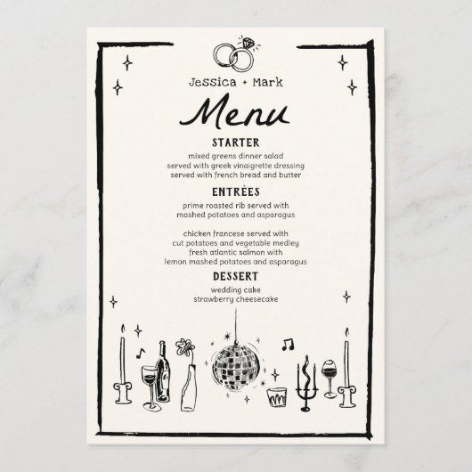 Handgeschriebenes Schwarz-weißes Menü für Hochzeit Menükarte (Vorderseite)