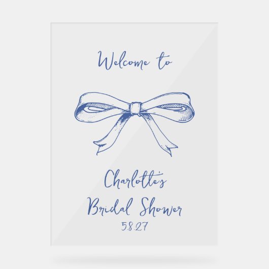 Handgeschriebenes Script Coquette Bow Blue Brautpa Acrylschild (Vorderseite)