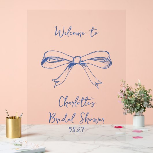 Handgeschriebenes Script Coquette Bow Blue Brautpa Acrylschild (Hochzeit)