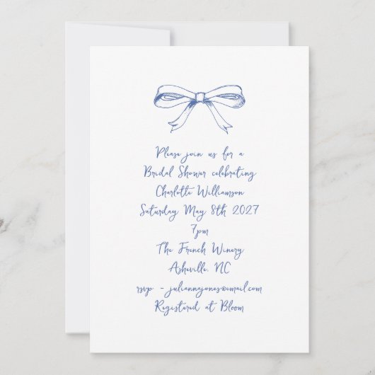 Handgeschriebenes Script Coquette Bow Blue Brautpa Einladung (Vorderseite)