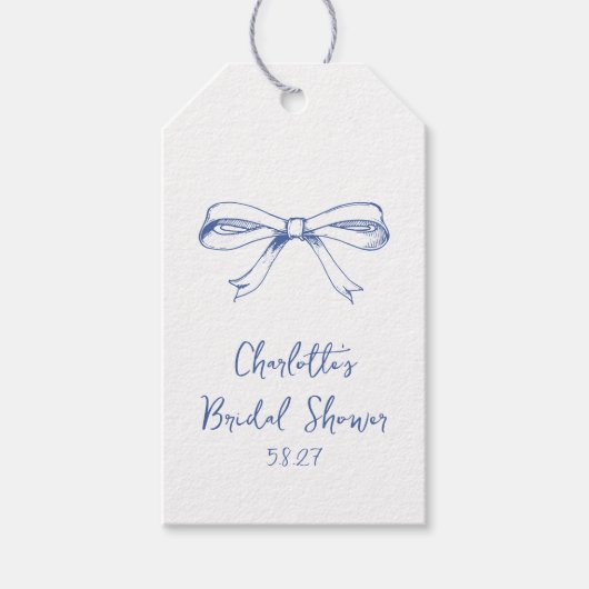 Handgeschriebenes Script Coquette Bow Blue Brautpa Geschenkanhänger (Vorderseite)