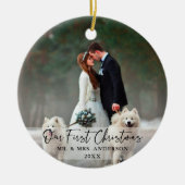 Handgeschriebenes Script Erste Weihnachtsfeier Fot Keramik Ornament (Vorne)