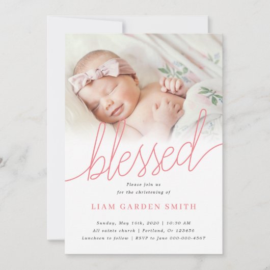 Handgeschriebenes Script Rosa Christening Taufe Fo Einladung (Vorderseite)