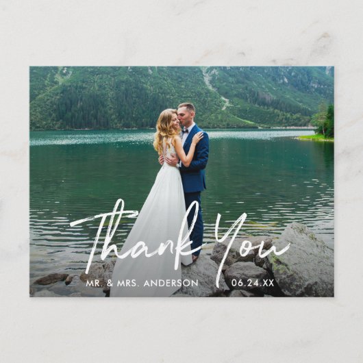 Handgeschriebenes Script Wedding Foto Vielen Dank Postkarte (Vorderseite)