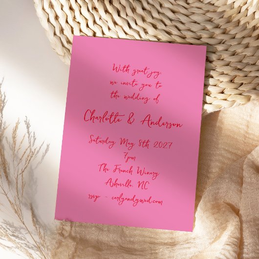 Handgeschriebenes Script Whimsy Pink Red Wedding Einladung