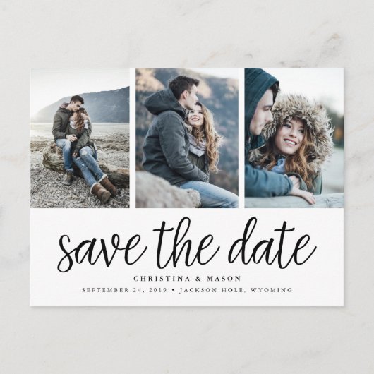 Handgeschriebenes Skript Drei Foto Save the Date Ankündigungspostkarte (Vorderseite)