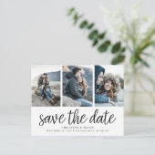 Handgeschriebenes Skript Drei Foto Save the Date Ankündigungspostkarte (Stehend Vorderseite)