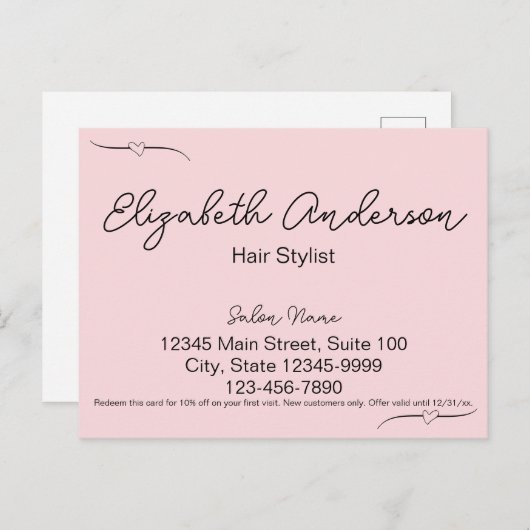 Handgeschriebenes Skript für Hair Stylist Pink & B Postkarte (Vorne/Hinten)