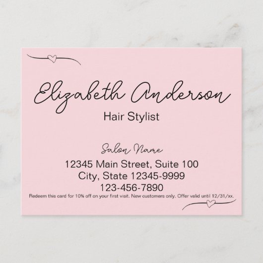 Handgeschriebenes Skript für Hair Stylist Pink & B Postkarte (Vorderseite)