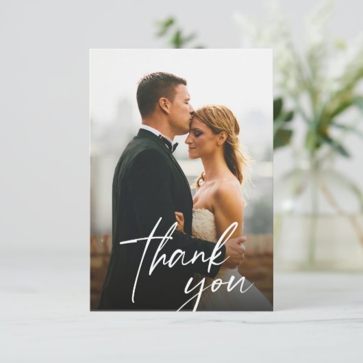 Handgeschriebenes Skript Hochzeit 2 Fotos Dankeskarte (Stehend Vorderseite)