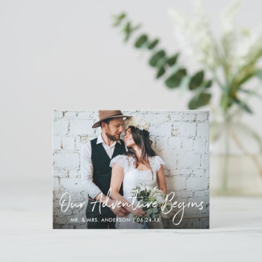 Handgeschriebenes Skript Hochzeit Unser Abenteuer  Postkarte (Stehend Vorderseite)