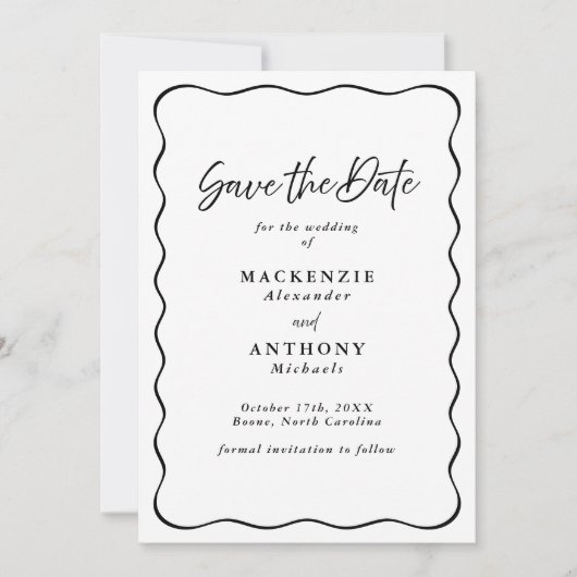 Handgeschriebenes Skript Modernes Wavy Frame Black Save The Date (Vorderseite)