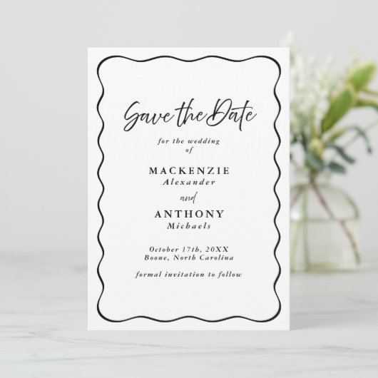 Handgeschriebenes Skript Modernes Wavy Frame Black Save The Date (Stehend Vorderseite)