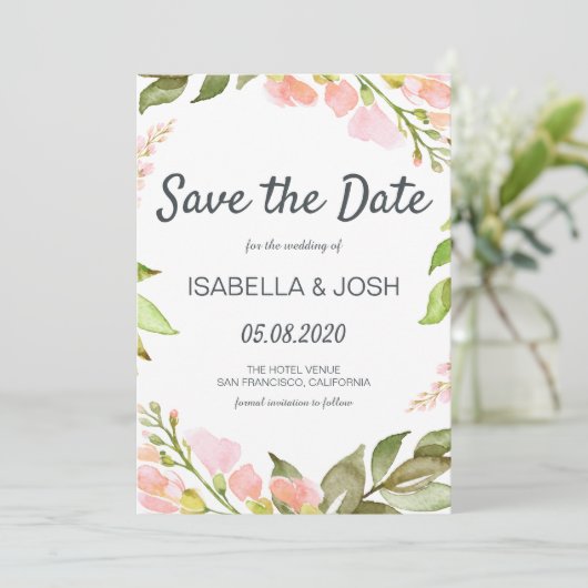 Handgeschriebenes Skript Pink Floral Boho Save the Save The Date (Stehend Vorderseite)