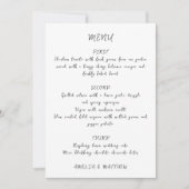Handgeschriebenes Skript Quirky White Wedding Menu Einladung (Vorderseite)