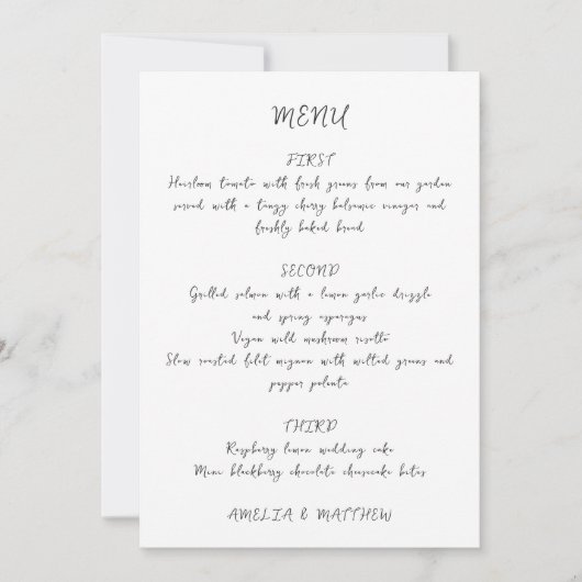 Handgeschriebenes Skript Quirky White Wedding Menu Einladung (Vorderseite)