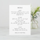 Handgeschriebenes Skript Quirky White Wedding Menu Einladung (Stehend Vorderseite)