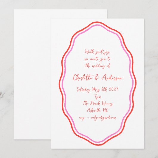 Handgeschriebenes Skript Red Scribble Border Weddi Einladung (Vorne/Hinten)