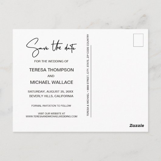 Handgeschriebenes Skript Save the Date Modernes Fo Postkarte (Rückseite)