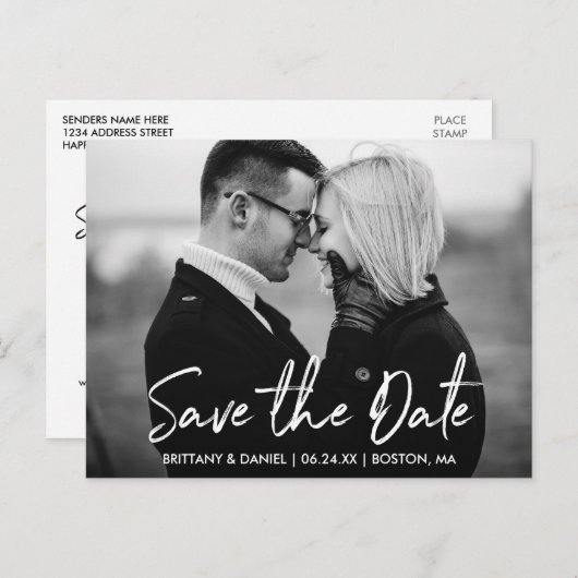 Handgeschriebenes Skript Save the Date Schwarz und Postkarte (Vorne/Hinten)