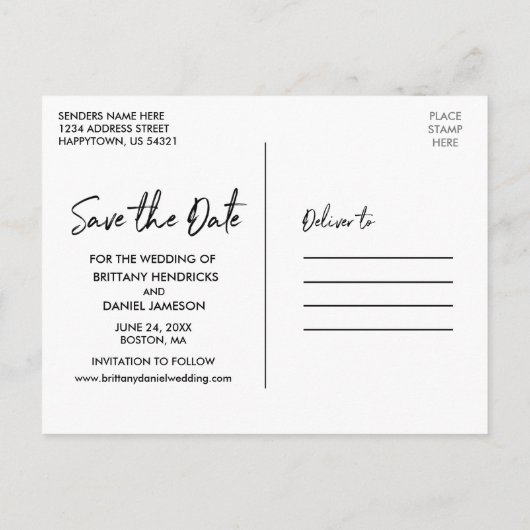 Handgeschriebenes Skript Save the Date Schwarz und Postkarte (Rückseite)