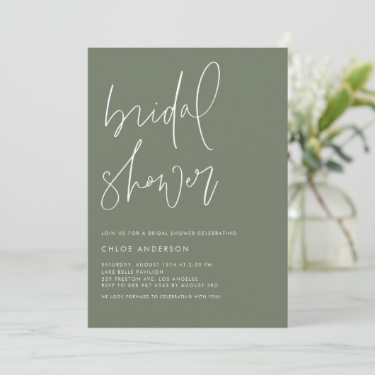 Handgeschriebenes Skript Taupe Green Brautparty Einladung (Stehend Vorderseite)