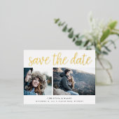 Handgeschriebenes Skript Zwei Foto Save the Date Folie Einladungspostkarte (Stehend vorne)