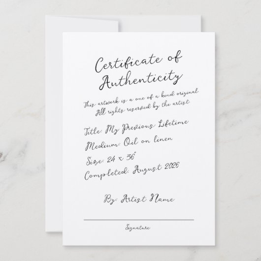 Handgeschriebenes Skriptzertifikat für die Echthei Einladung (Vorderseite)