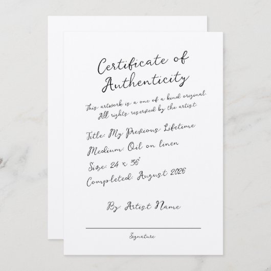 Handgeschriebenes Skriptzertifikat für die Echthei Einladung (Vorne/Hinten)