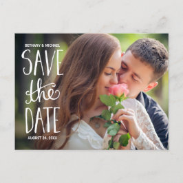 Handgeschriebenes Typografie-Foto Save the Date Ankündigungspostkarte