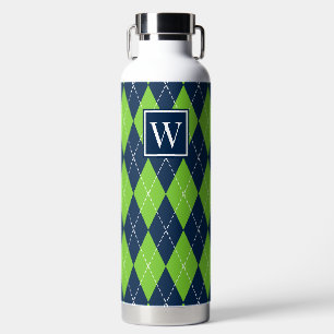 Handgestickt Argyle - Limette & Marine Monogramm Trinkflasche