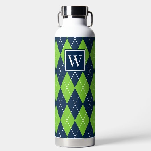Handgestickt Argyle - Limette & Marine Monogramm Trinkflasche (Vorderseite)