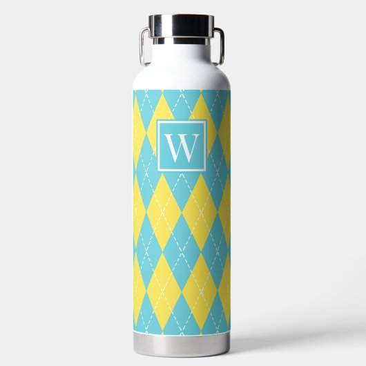 Handgesticktes Argyle - Gelb & Türkis Monogramm Trinkflasche (Vorderseite)