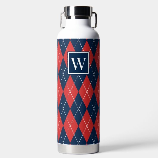 Handgesticktes Argyle - Rot Weiß & Navy Monogramm Trinkflasche (Vorderseite)