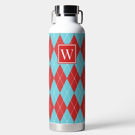 Handgesticktes Argyle - Rotes & Türkises Monogramm Trinkflasche (Vorderseite)
