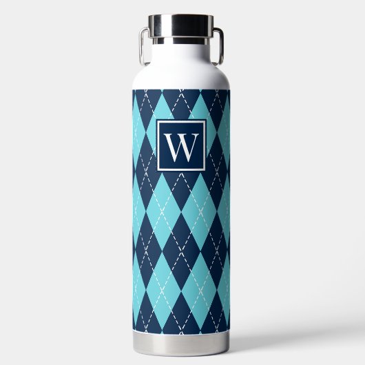Handgesticktes Argyle - Türkis & Marine Monogramm Trinkflasche (Vorderseite)