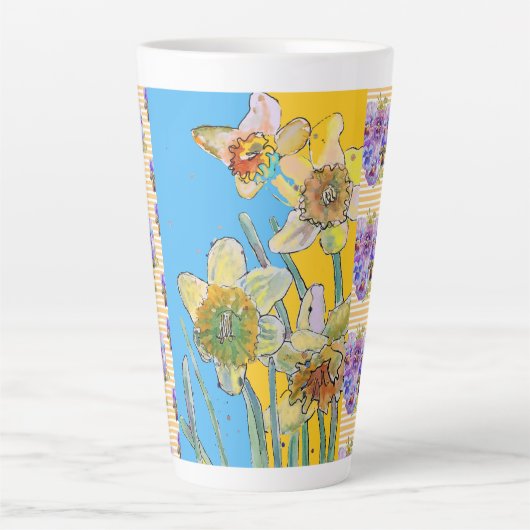 Handgestrichen Blau Gelb Daffodil Blüte Latte Tass Milchtasse (Vorderseite)
