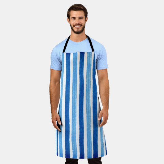 Handgestrichene Streifen in Blau und Weiß Schürze (Getragen)