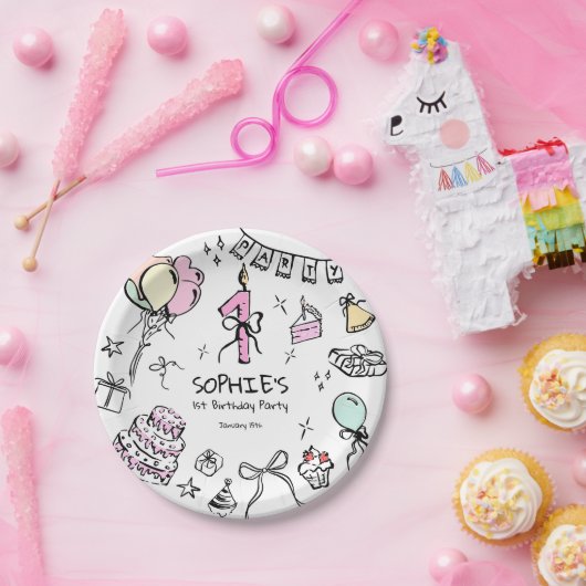 Handgezeichnet 1. Geburtstag Pappteller (Party)