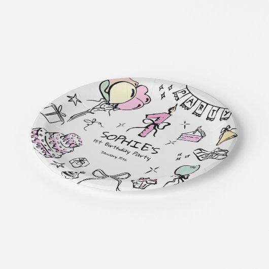 Handgezeichnet 1. Geburtstag Pappteller (Schrägansicht)