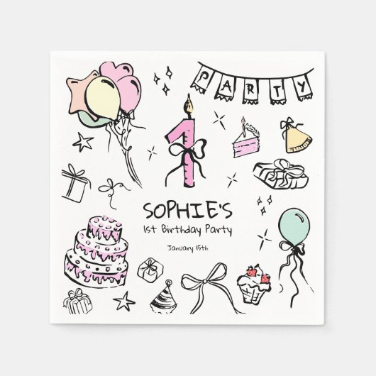 Handgezeichnet 1. Geburtstag Serviette (Vorderseite)