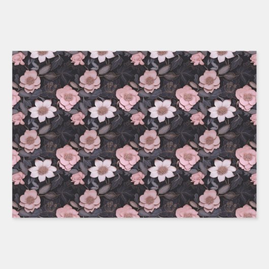 HandGezeichnet 3D-Blume-Muster in Rosa und Gold Geschenkpapier Set (Vorderseite)
